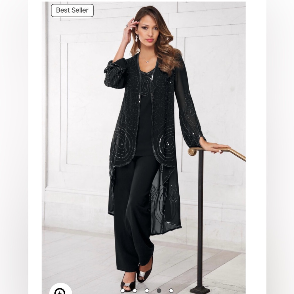 Roaman's Black Embellished Pantsuit with Long Sheer Jacket
